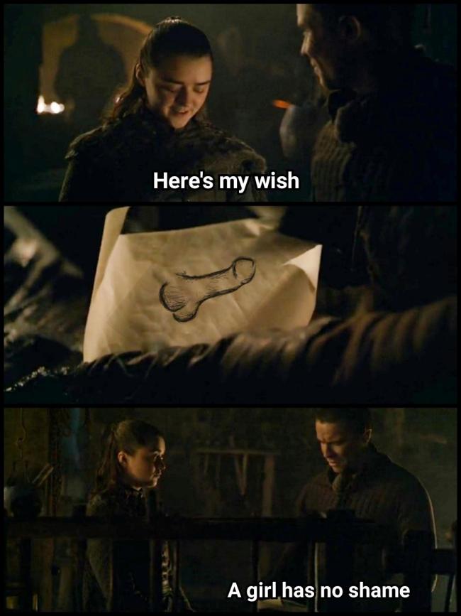 Game of Thrones Season 8 Episode 1 meme with Arya showing a dick pic to Gendry.
