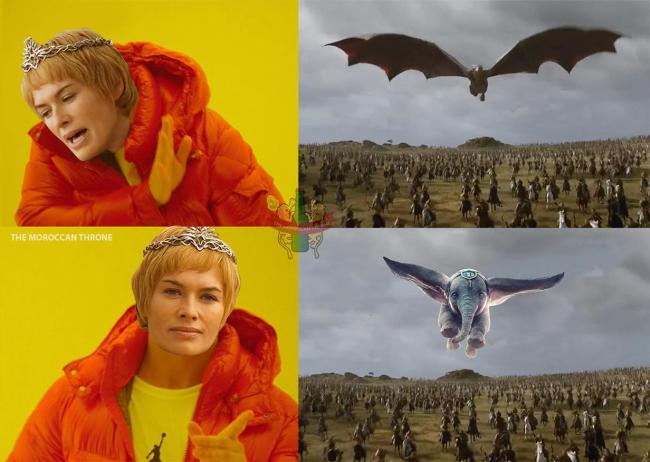 Cersei Lannister in the Drake meme format with her saying no to dragons and yes to elephants.