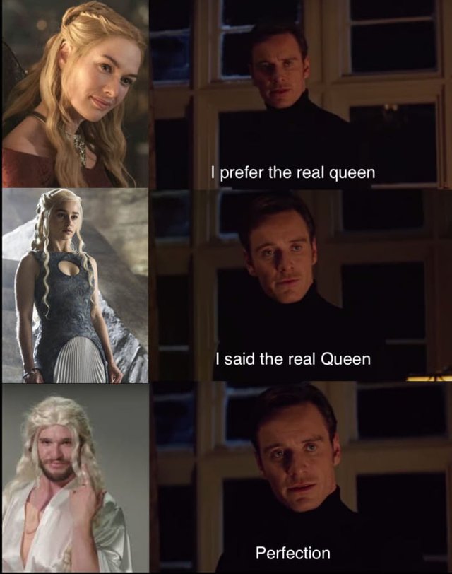Game of Thrones season 8 perfection meme with cersei, dany, and jon.