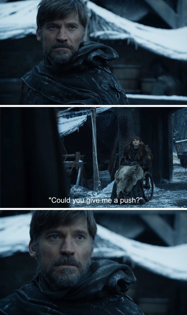 Bran Stark and Jaime Lannister staring at each other meme - could you give me a push? Game of Thrones memes
