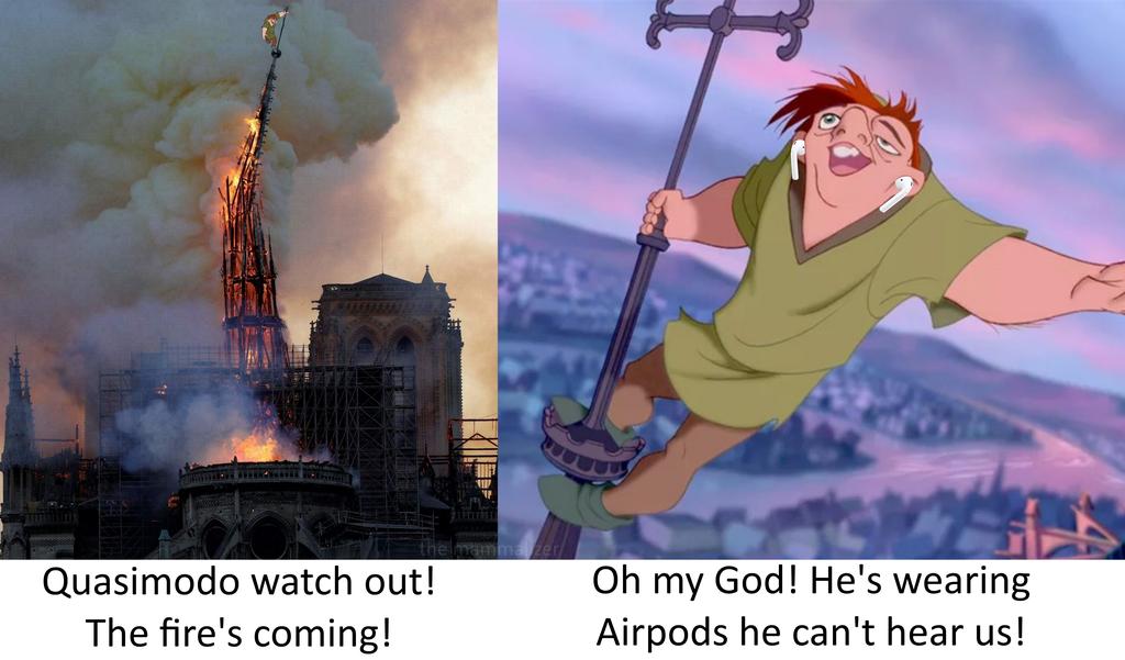 Quasimodo meme where he is wearing airpods on top of the Cathedral at Notre...