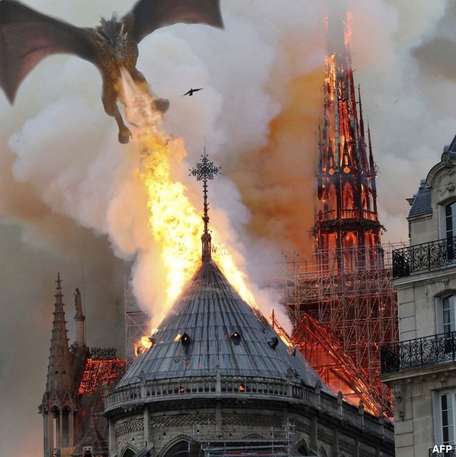 Notre Dame Cathedral meme with Drogon from Game of Thrones burning it down.