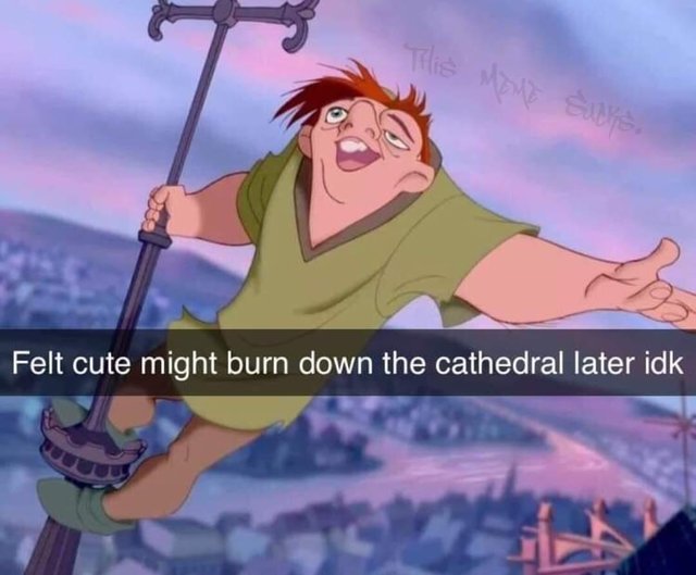 Felt cute might burn down the cathedral later idk - Quasimodo felt cute meme