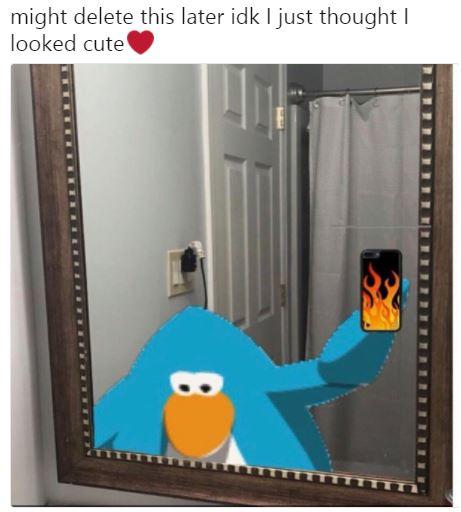 felt cute, might delete later meme with a blue penguin and a fire phone case.