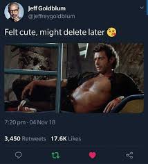 Jeff Goldblum tweeted this felt cute, might delete later meme with a photo of him from Jurassic Park.