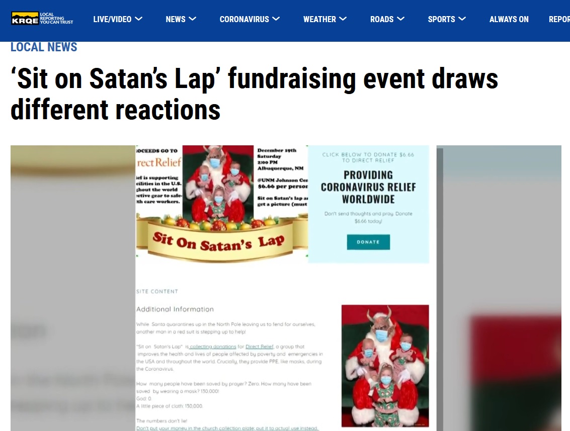 sitonsatanslap.com page says "don't send thoughts and pray, donate $6.66 today!" and claims zero people were saved by prayer, but 130k were saved by masks.