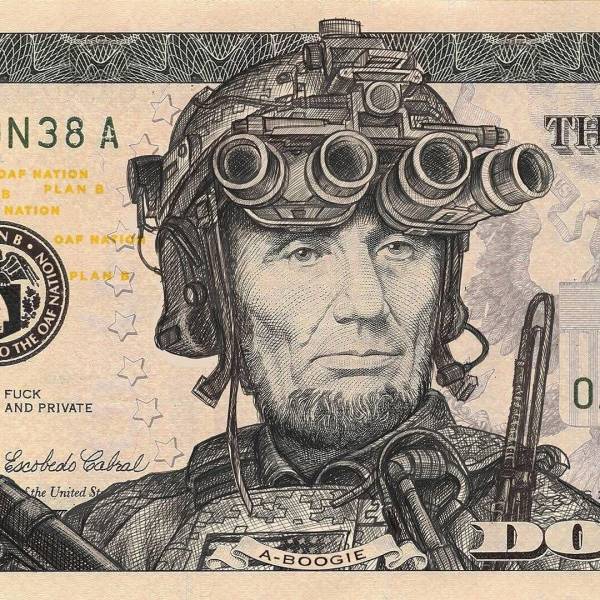 Abraham Lincoln on the $5 bill with doodle artwork added to make it look like he night vision head gear like out of a video game