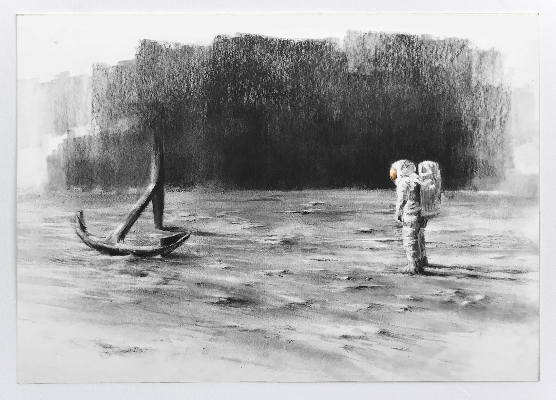 Charcoal drawing of astronaut bewilderingly looking at massive anchor.