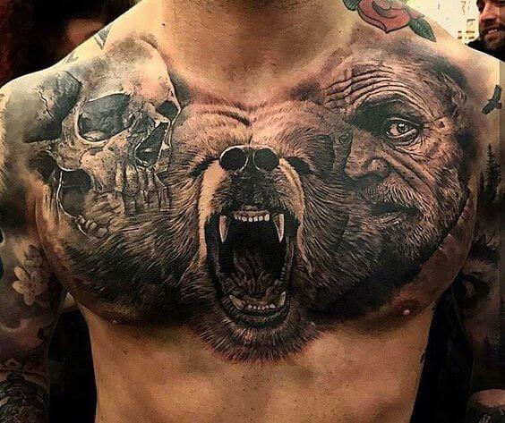 raging wolf and bear tattoo