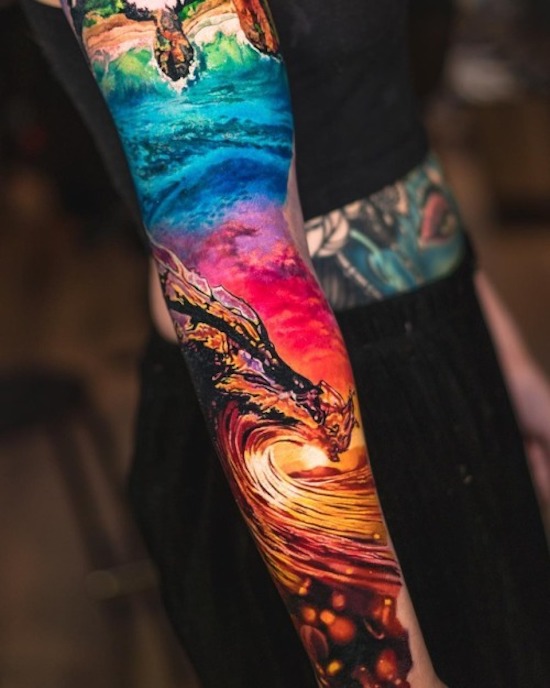 arm with vibrant and colorful tattoos