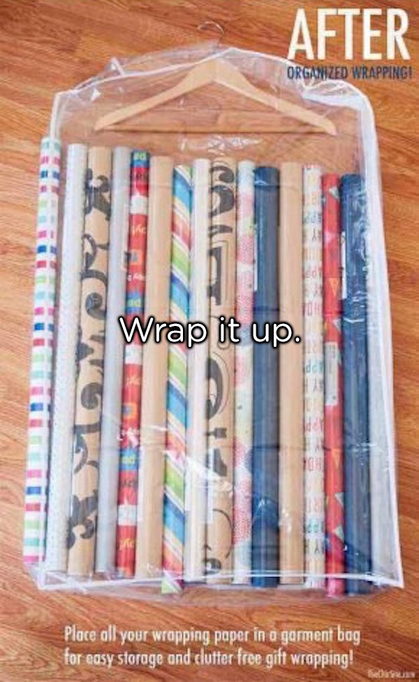 garment bag wrapping paper storage - After Organized Wrappingi Wrap it up. I Place all your wrapping paper in a garment bag for easy storage and cluffer free gift wrapping!