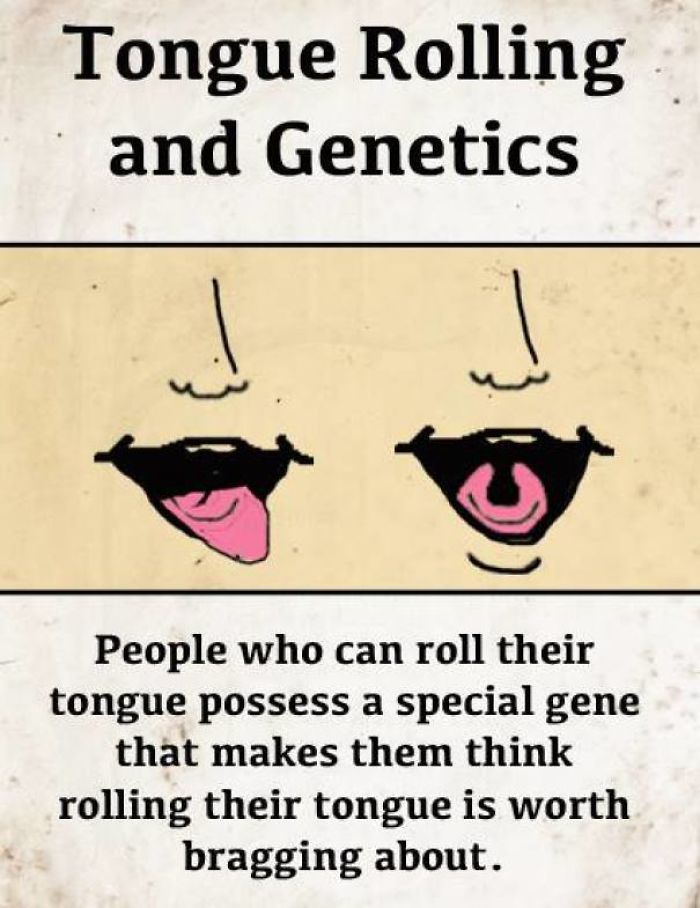fact tongue rolling meme - Tongue Rolling and Genetics People who can roll their tongue possess a special gene that makes them think rolling their tongue is worth bragging about.