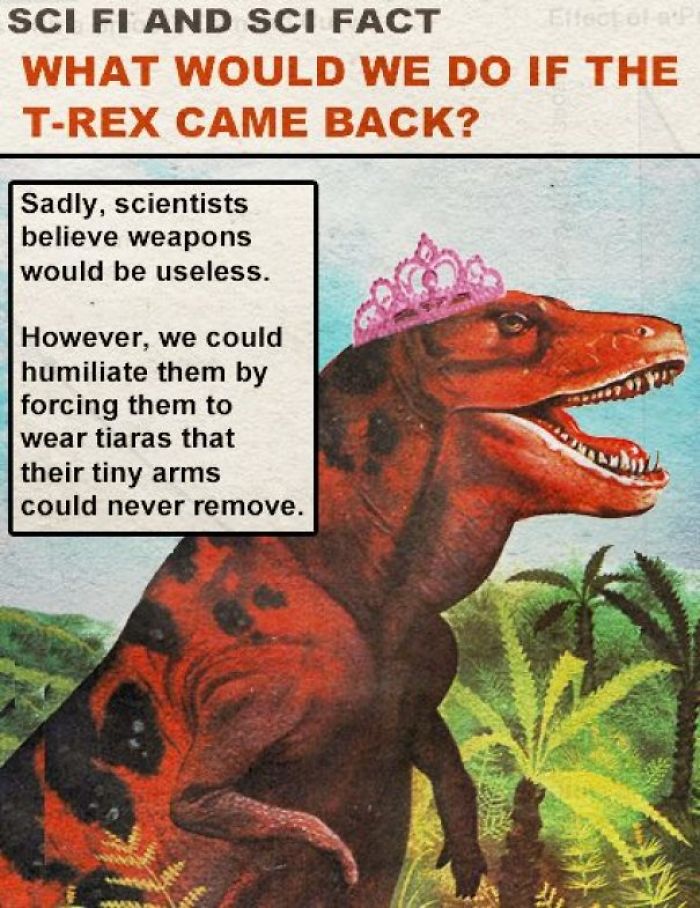fact t rex memes - Sci Fi And Sci Fact 5 What Would We Do If The TRex Came Back? Sadly, scientists believe weapons would be useless. However, we could humiliate them by forcing them to wear tiaras that their tiny arms could never remove.