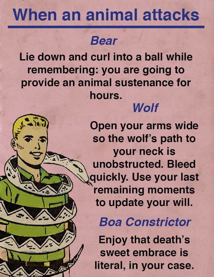 cartoon - When an animal attacks Bear Lie down and curl into a ball while remembering you are going to provide an animal sustenance for hours. Wolf Open your arms wide so the wolf's path to your neck is unobstructed. Bleed quickly. Use your last remaining
