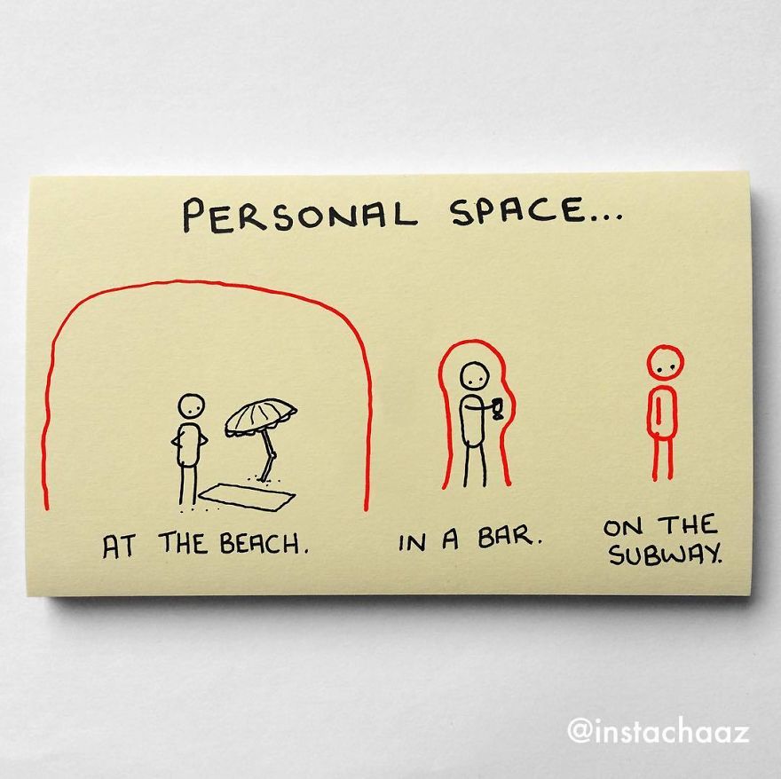 funny sticky notes - Personal Space... os At The Beach. In A Bar. On The Subway