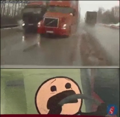 rainy weather and dude drive between to moving trucks