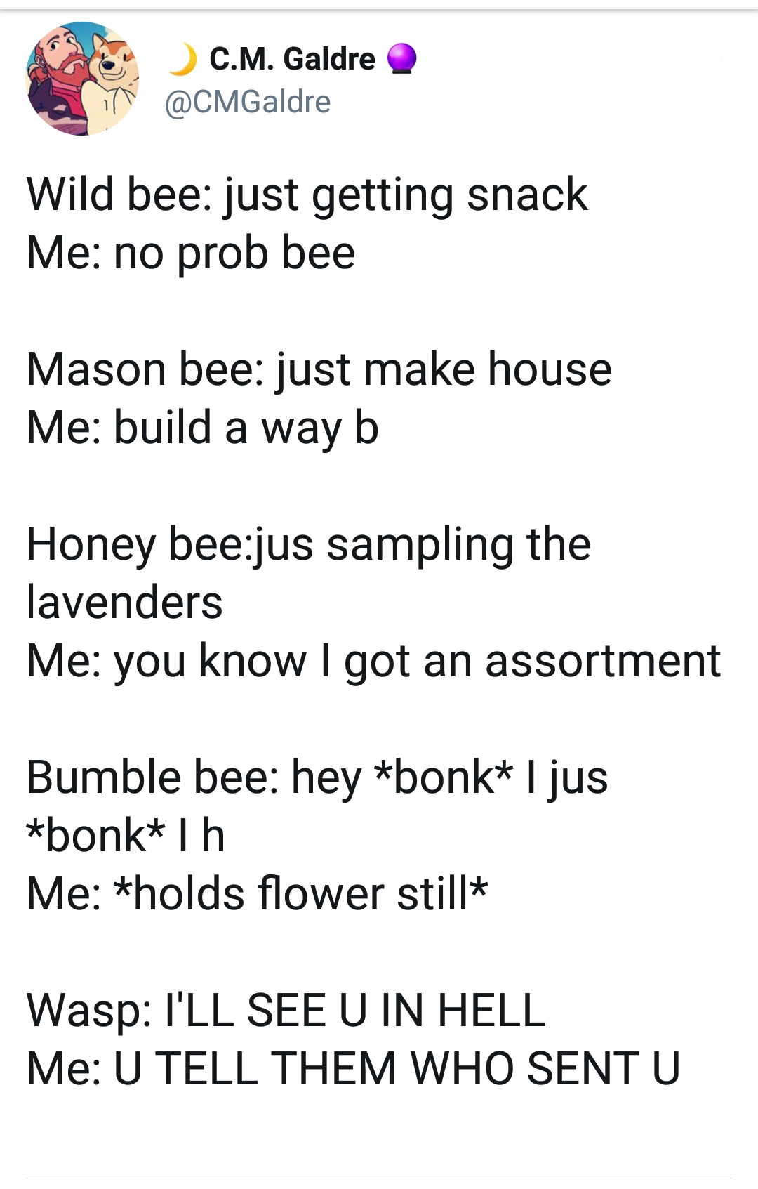 dank meme bee meme wasp - C.M. Galdre Wild bee just getting snack Me no prob bee Mason bee just make house Me build a way b Honey beejus sampling the lavenders Me you know I got an assortment Bumble bee hey bonk I jus bonk 1 h Me holds flower still Wasp I