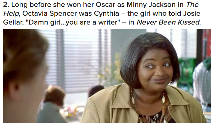 octavia spencer funny - 2. Long before she won her Oscar as Minny Jackson in The Help, Octavia Spencer was Cynthia the girl who told Josie Gellar, "Damn girl...you are a writer" in Never Been Kissed.