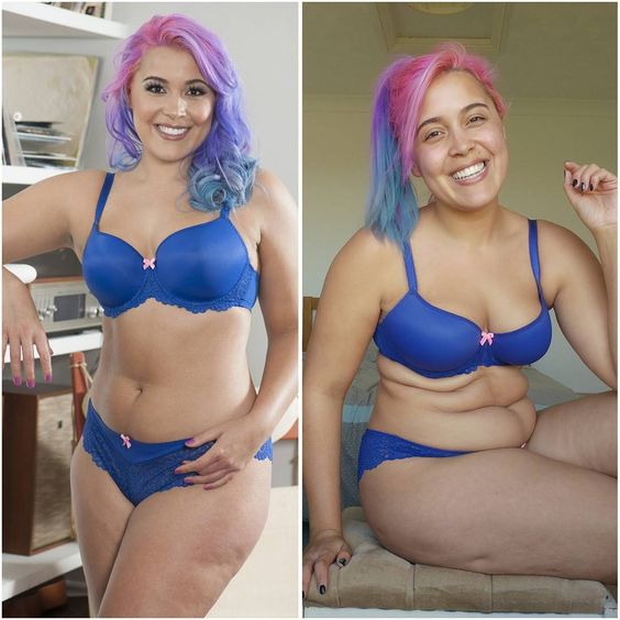 Instagram vs real life pic of a beautiful plus sized girl in makeup and standing and then a pic of her without makeup with rolls