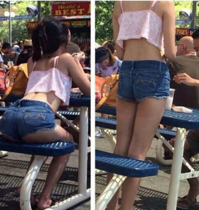 A photo of a girl at a bench with a nice butt sticking out and then her standing up and you see she has no butt