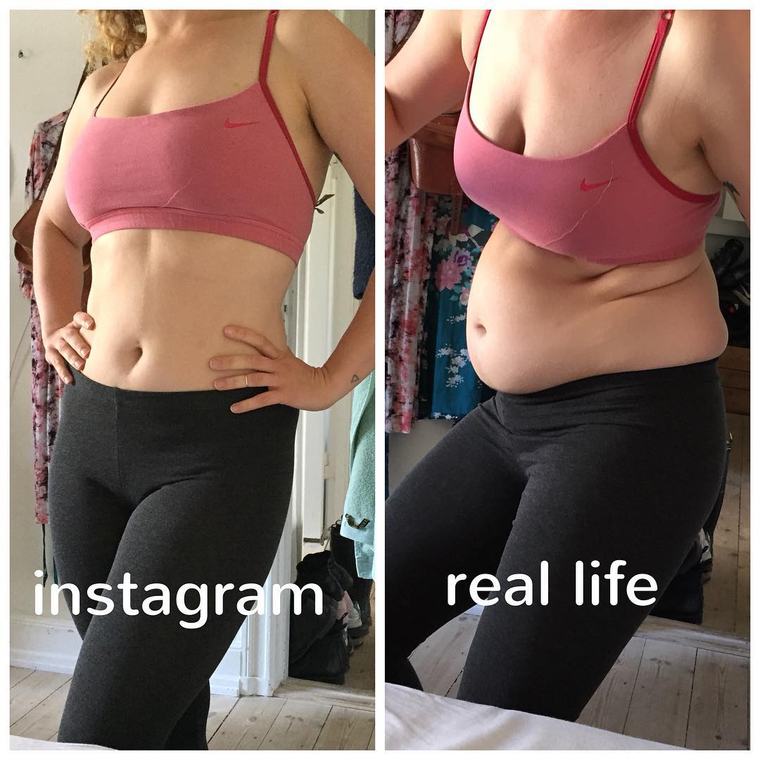 Photo of Instagram vs real life where a woman is sucking in her stomach and then not sucking it in