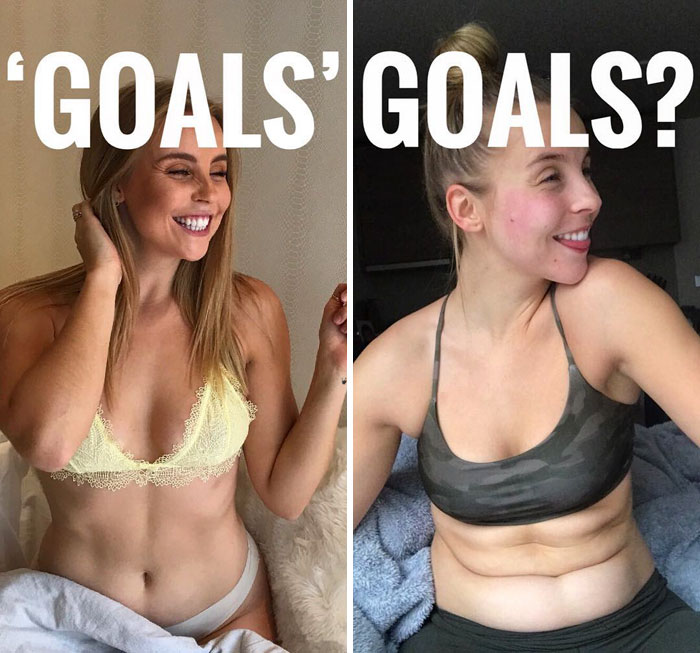 instagram v reality - "Goals Goals? Picture of a girl pretending to wake up with makeup on and a girl with rolls actually waking up