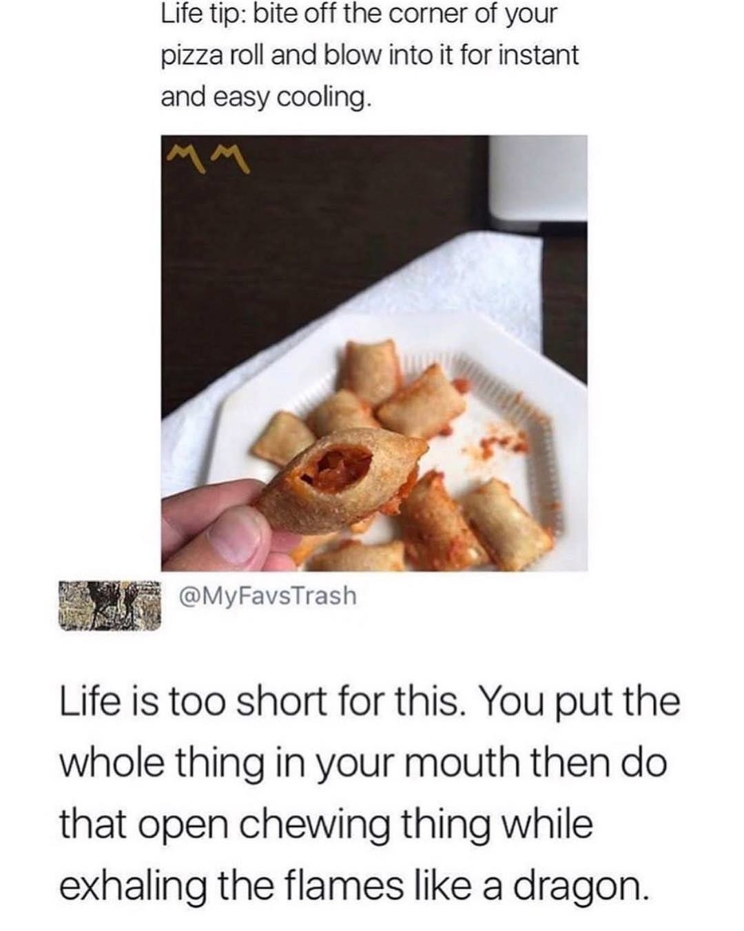 pizza bites meme - Life tip bite off the corner of your pizza roll and blow into it for instant and easy cooling. Life is too short for this. You put the whole thing in your mouth then do that open chewing thing while exhaling the flames a dragon.