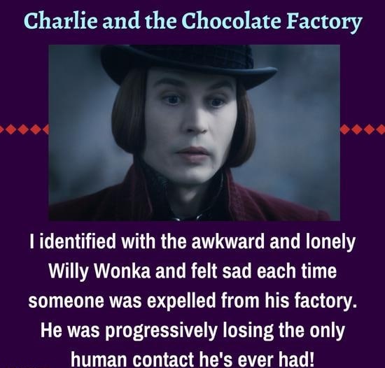 pnj drone - Charlie and the Chocolate Factory I identified with the awkward and lonely Willy Wonka and felt sad each time someone was expelled from his factory. He was progressively losing the only human contact he's ever had!