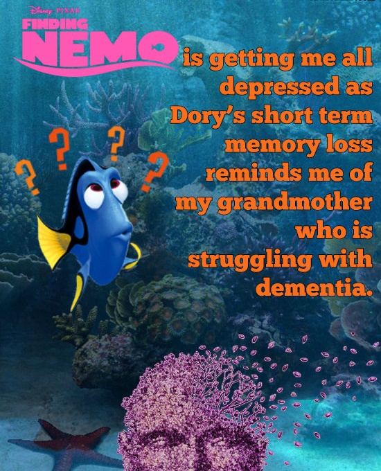 finding nemo - Dianty Pune Finding Nem is getting me all depressed as Dory's short term memory loss reminds me of my grandmother who is struggling with dementia. .