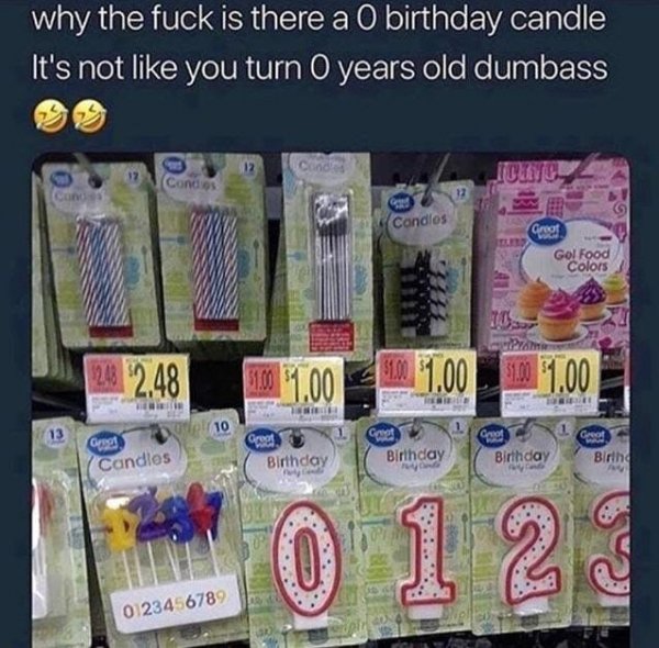 there a 0 birthday candle - why the fuck is there a O birthday candle It's not you turn 0 years old dumbass To Conclips Condios Groot Gol Food Colors 242.48 0 1.000 1.00 Gesel Groot Gel Birthday Birthday Birthday Candles Birth 0123456789