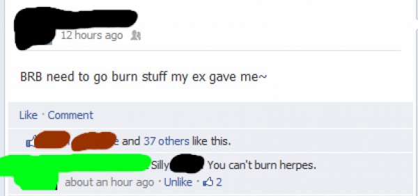 facebook - 12 hours ago Brb need to go burn stuff my ex gave me Comment 2 and 37 others this. Silly You can't burn herpes. about an hour ago . Un $2