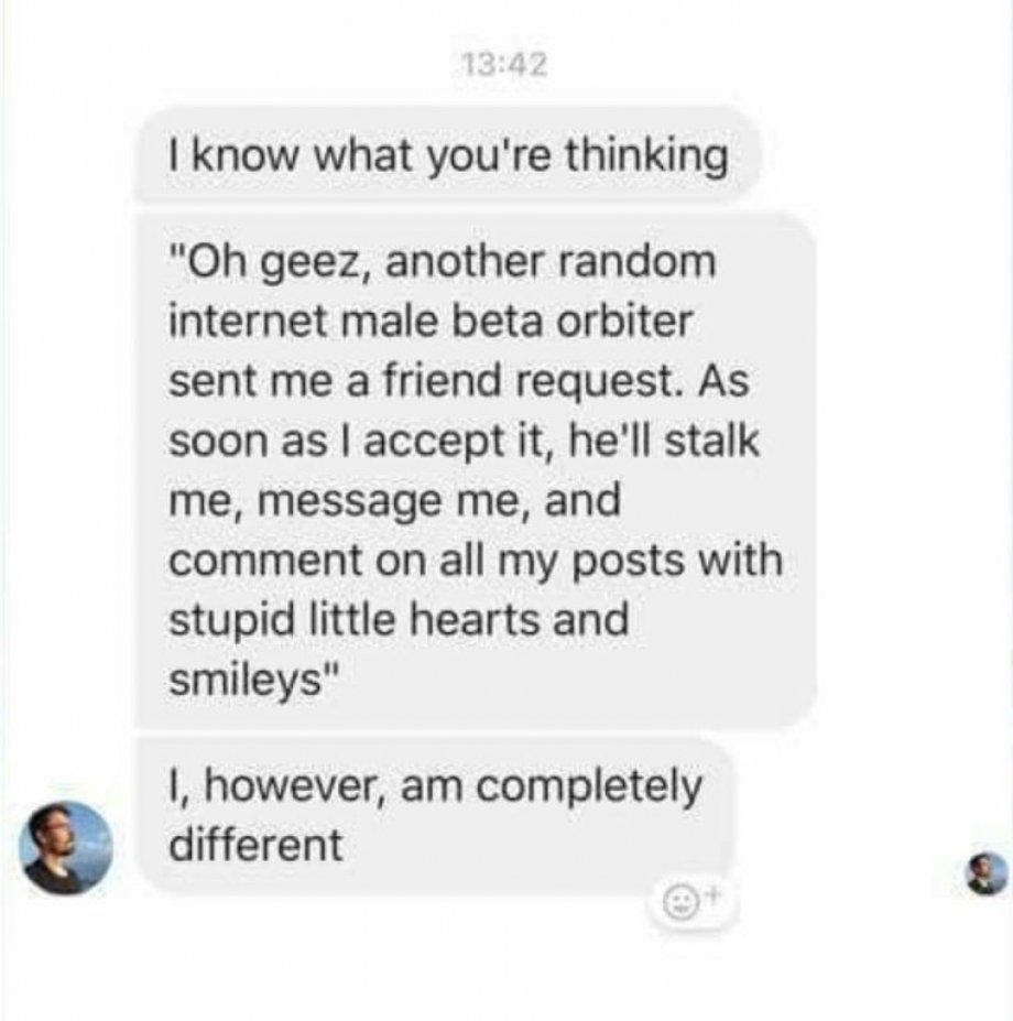 document - I know what you're thinking "Oh geez, another random internet male beta orbiter sent me a friend request. As soon as I accept it, he'll stalk me, message me, and comment on all my posts with stupid little hearts and smileys" 1, however, am comp