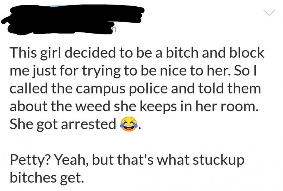 aunt cheryl meme - This girl decided to be a bitch and block me just for trying to be nice to her. So | called the campus police and told them about the weed she keeps in her room. She got arrested . Petty? Yeah, but that's what stuckup bitches get.