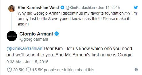 document - Kim Kardashian West Why did Georgio Armani discontinue my favorite foundation??? I'm on my last bottle & everyone I know uses this!!! Please make it again! Giorgio Armani armani Kardashian Dear Kim let us know which one you need and we'll send 