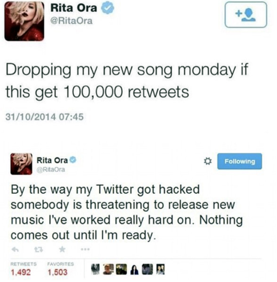 web page - Rita Ora RitaOra Dropping my new song monday if this get 100,000 31102014 Rita Ora Rita Ora ing By the way my Twitter got hacked somebody is threatening to release new music I've worked really hard on. Nothing comes out until I'm ready. Favorit