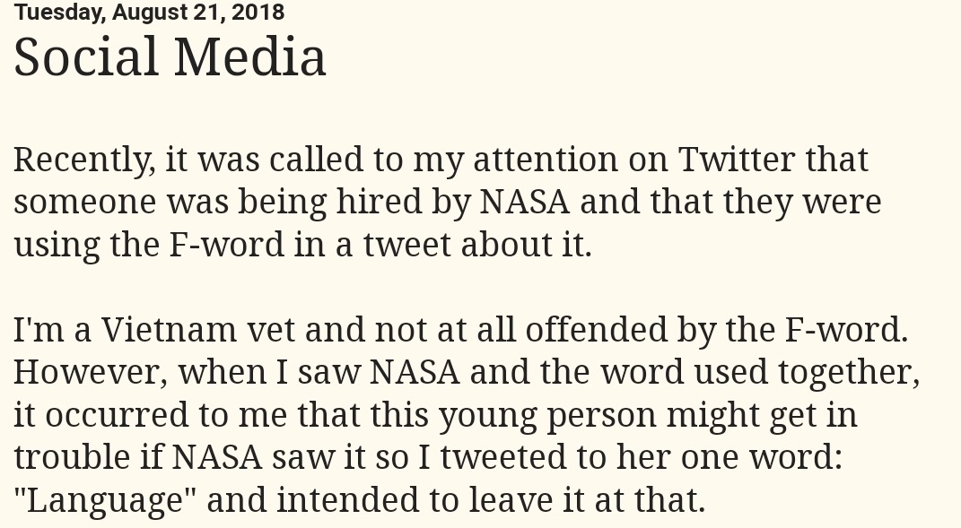 tweet - nasa internship lost twitter - Tuesday, Social Media Recently, it was called to my attention on Twitter that someone was being hired by Nasa and that they were using the Fword in a tweet about it. I'm a Vietnam vet and not at all offended by the F