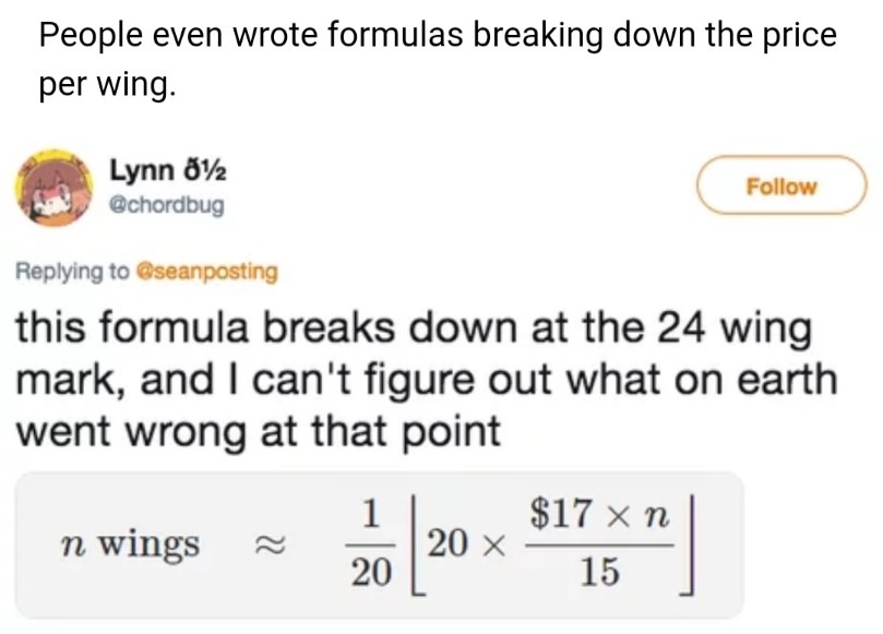 document - People even wrote formulas breaking down the price per wing. Lynn 012 this formula breaks down at the 24 wing mark, and I can't figure out what on earth went wrong at that point 160 $17 x n | n wings