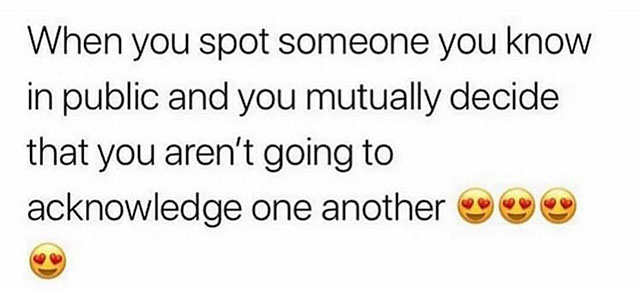 happiness - When you spot someone you know in public and you mutually decide that you aren't going to acknowledge one another o