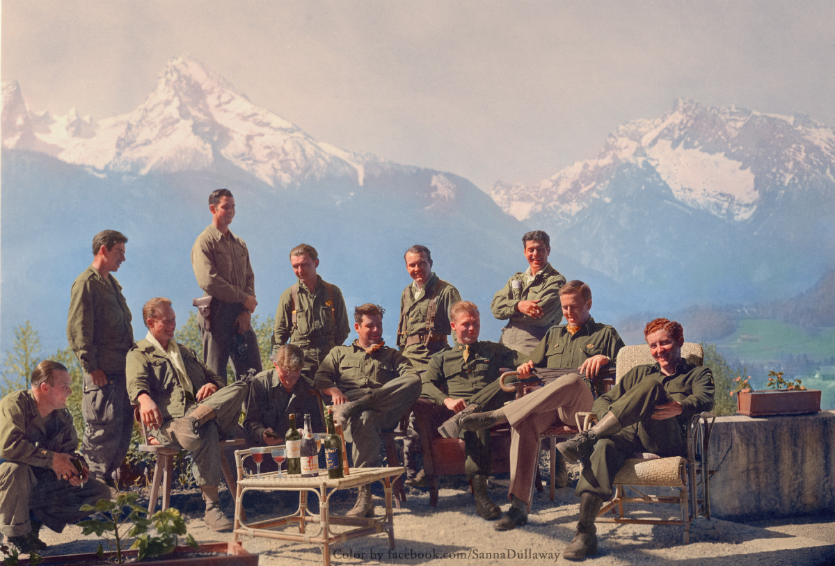 Easy Company (Band of Brothers) Parachute Infantry Regiment,  having a well earned rest after capturing The Eagle's Nest in 1945.  The Eagle's Nest was used for Nazi meetings and secret government operations and was visited on 14 documented instances by Adolf Hitler, who disliked the location due to his fear of heights, the risk of bad weather, and the thin mountain air.  The compound was eventually given to Bavaria by the Allies and today it is open seasonally as a restaurant, beer garden, and tourist site.