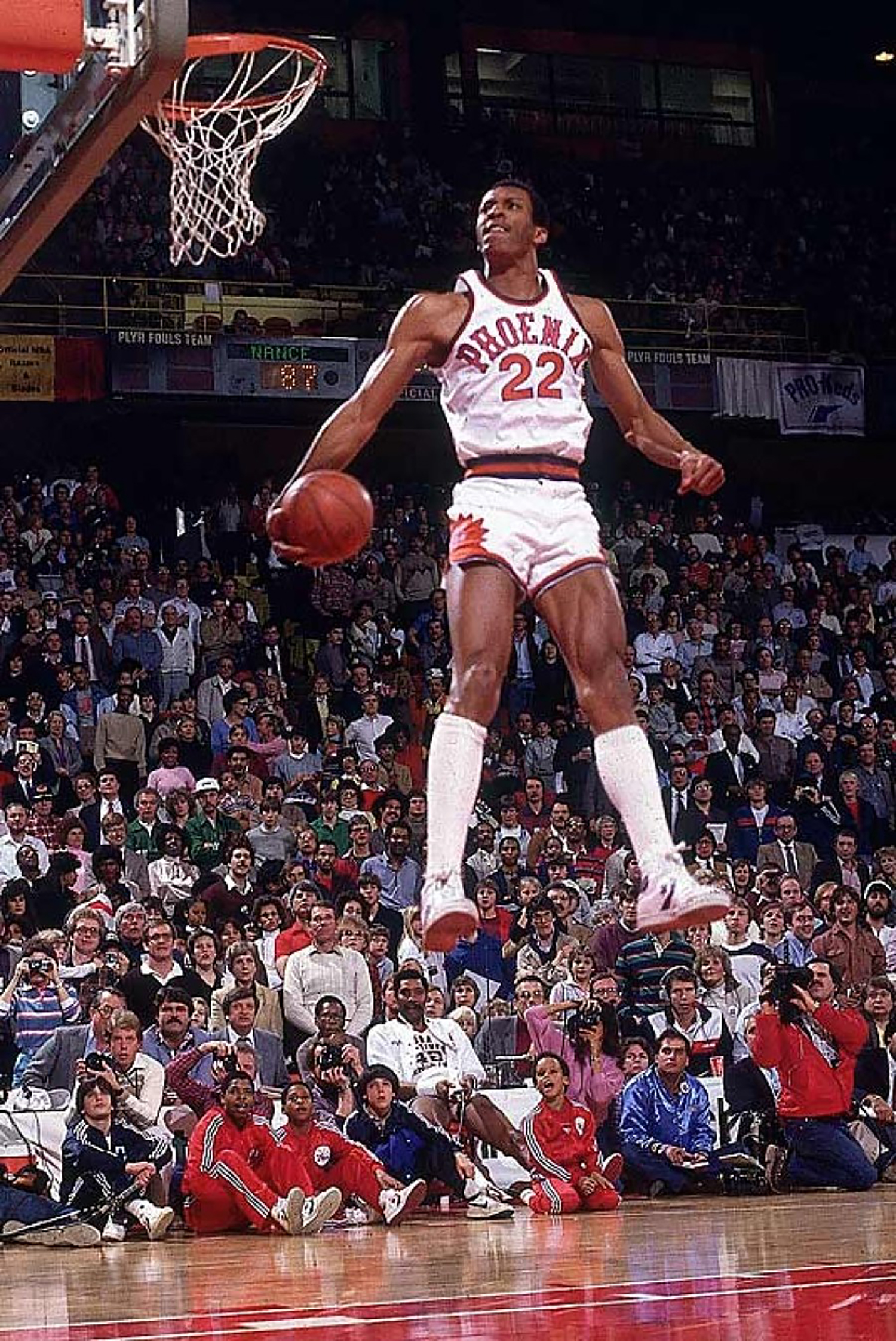 Larry Nance gets some serious air and wins 1st place during the inaugural 1984 Slam Dunk Contest.  This was the first "NBA Slam Dunk Contest"  and it did not take place until 8 years after the ABA and the NBA merger in 1976.