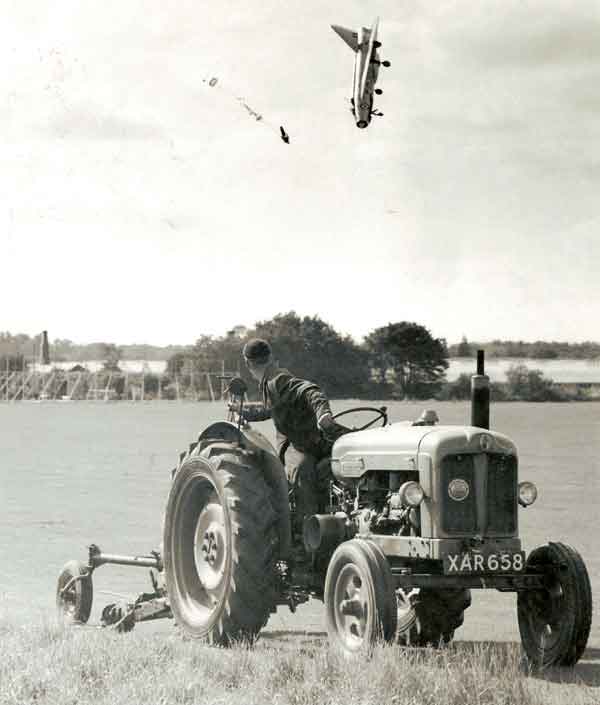 Test Pilot George Aird flying an English Electric Lightning F1 over the countryside was forced to eject from his plane at a dangerously low altitude of about 100 feet in 1962.  The pilot survived but had multiple fractures. A fire in the plane caused loss of control of the aircraft on its final approach forcing the pilot to bail.