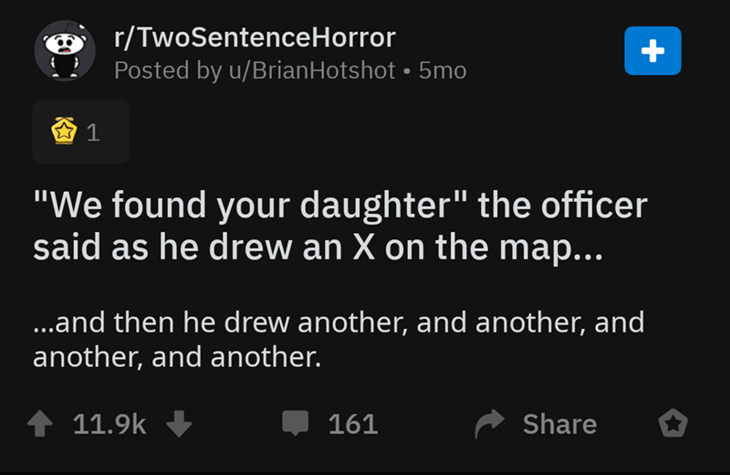 screenshot - rTwoSentenceHorror Posted by uBrian Hotshot 5mo 1 "We found your daughter" the officer said as he drew an X on the map... ...and then he drew another, and another, and another, and another. 4 161 o