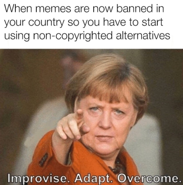 meme of improvise adapt overcome merkel - When memes are now banned in your country so you have to start using noncopyrighted alternatives Improvise. Adapt. Overcome.