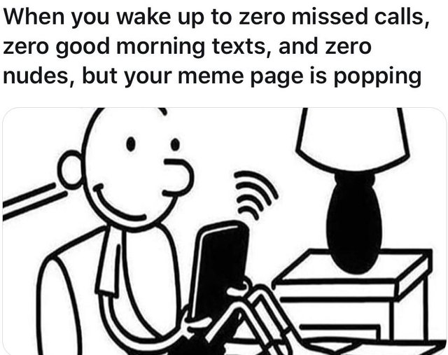 meme of diary of a wimpy kid reading - When you wake up to zero missed calls, zero good morning texts, and zero nudes, but your meme page is popping
