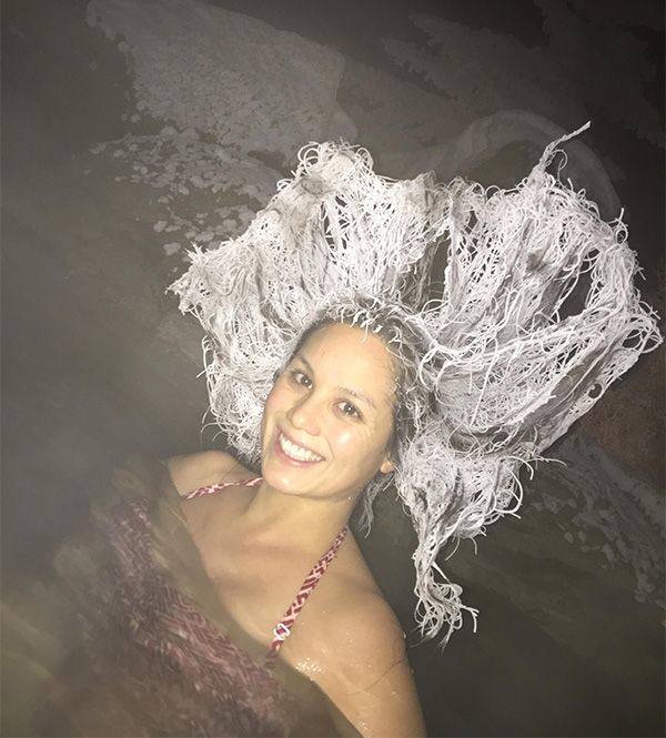 my wife's hair after 15 minutes in − 20ºf while basking in some hot springs