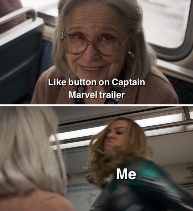 funny picture about captain marvel old lady meme - button on Captain Marvel trailer Me Poss