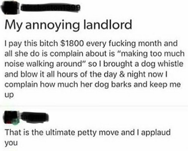 document - My annoying landlord I pay this bitch $1800 every fucking month and all she do is complain about is "making too much noise walking around" so I brought a dog whistle and blow it all hours of the day & night now! complain how much her dog barks 