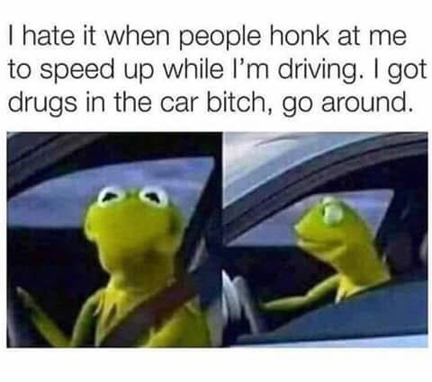 kermit i got drugs in the car - Thate it when people honk at me to speed up while I'm driving. I got drugs in the car bitch, go around.