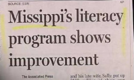 news headline fails - Source Esr Missippi's literacy program shows improvement The Associated Press and his late wife, Sally put up