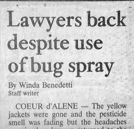 headline fail - Lawyers back despite use of bug spray By Winda Benedetti Staff writer Coeur dALENE The yellow jackets were gone and the pesticide smell was fading but the headaches
